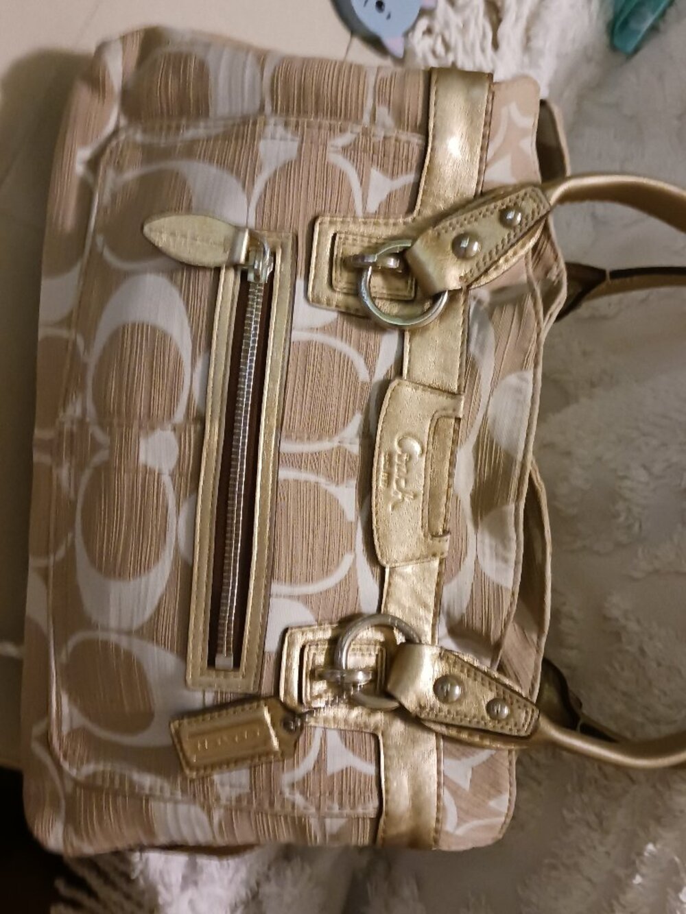 Very Nice Coach Purse with Signature Print and Gold Accents